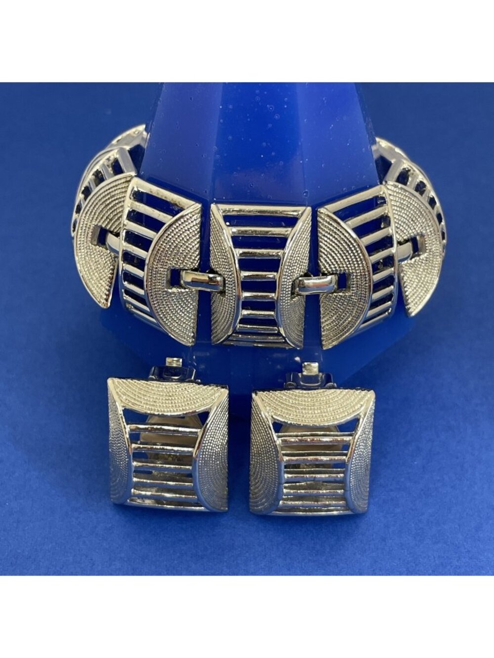 Vtg Sarah Cov Geometric Chunky Silver-Tone Linked Panel Bracelet Clip On Earring